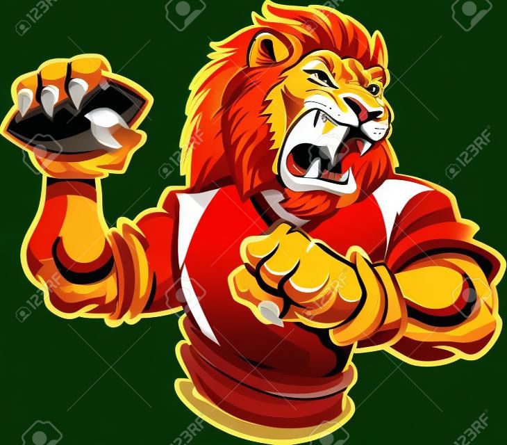 Mascotte de lion fort rugissant et lançant une image clipart de football.