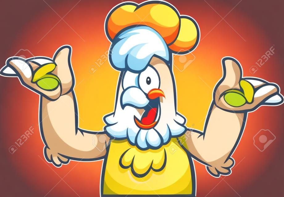 팔을 들고 행복 만화 요리사 치킨입니다. 간단한 그라디언트 벡터 클립 아트 그림입니다. 모두 단일 레이어에 있습니다.