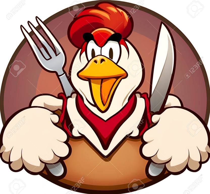 Pollo hambriento sosteniendo un tenedor y un cuchillo que sale de un agujero circular. Ilustración de arte de clip de dibujos animados de vector con gradientes simples. Todo en una sola capa.