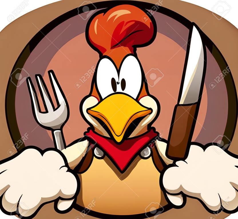 Pollo hambriento sosteniendo un tenedor y un cuchillo que sale de un agujero circular. Ilustración de arte de clip de dibujos animados de vector con gradientes simples. Todo en una sola capa.