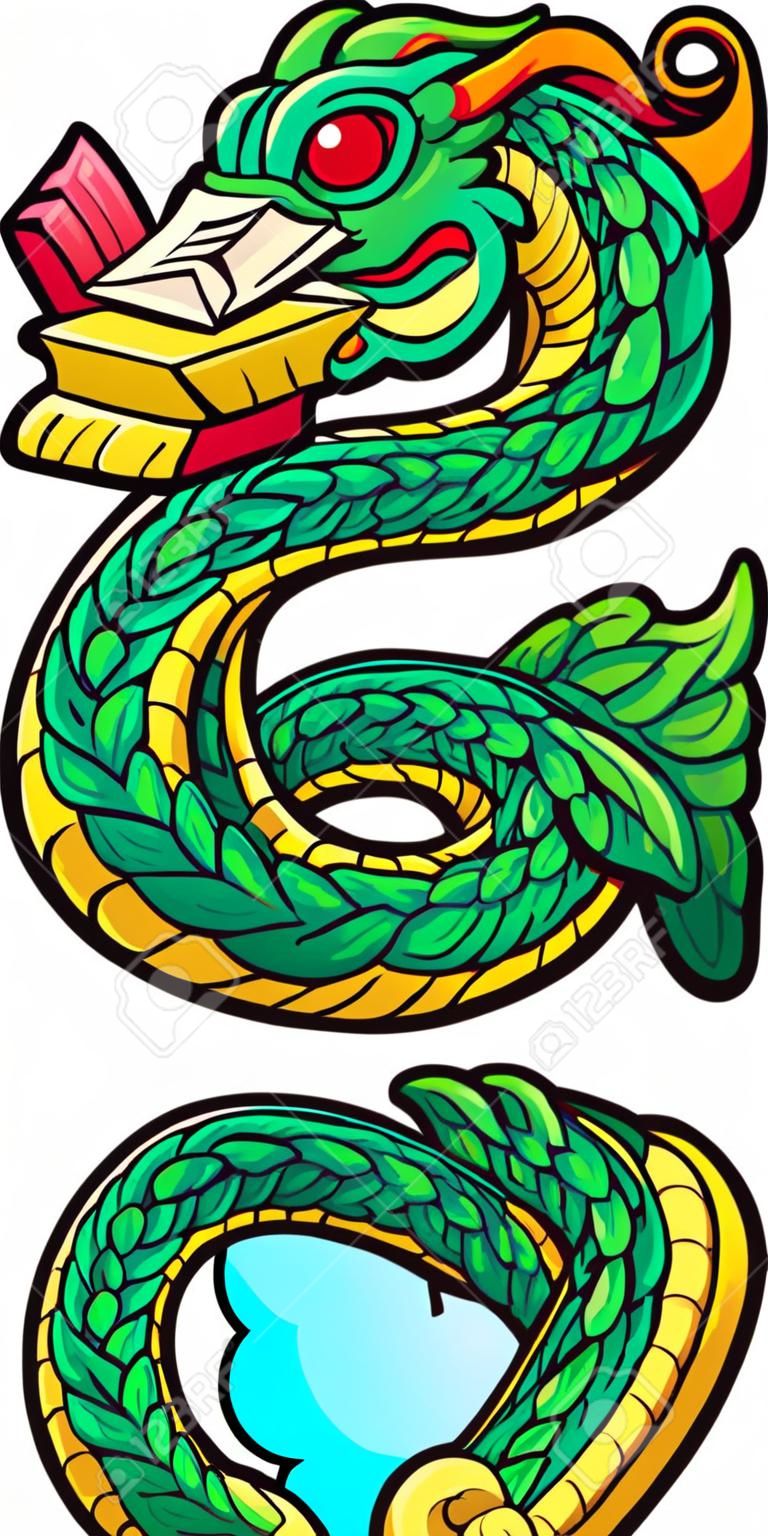 케찰코아틀 깃털 달린 뱀 신 만화. 간단한 그라디언트 벡터 클립 아트 그림입니다. 모두 단일 레이어에 있습니다.