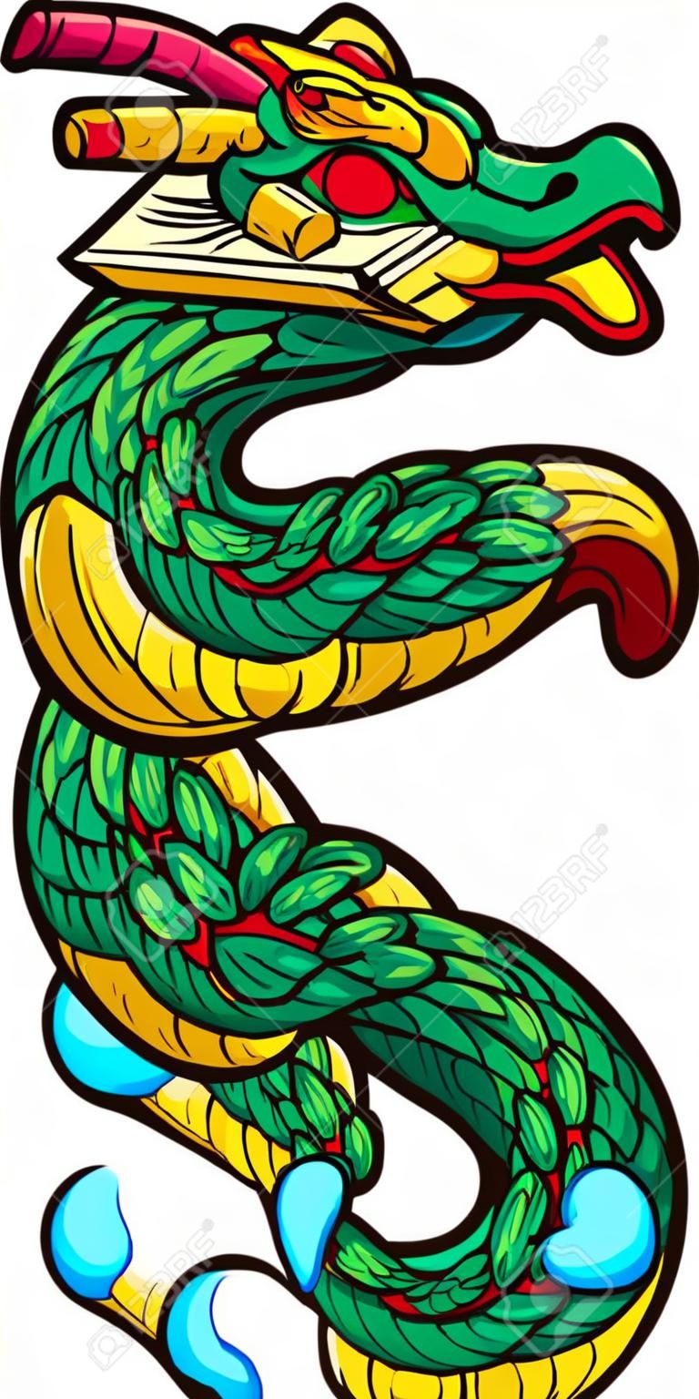 케찰코아틀 깃털 달린 뱀 신 만화. 간단한 그라디언트 벡터 클립 아트 그림입니다. 모두 단일 레이어에 있습니다.