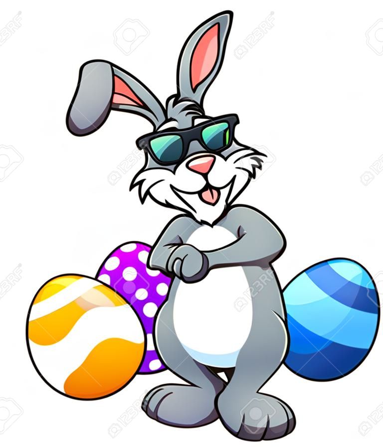 Raffreddare coniglietto di Pasqua che indossa occhiali da sole e in piedi tra le uova di Pasqua. Illustrazione di clip art vettoriali con gradienti semplici. Alcuni elementi su livelli separati.