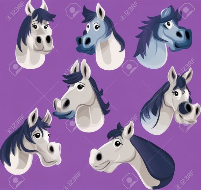Cartoon male and female horse heads with different expressions. Vector clip art illustration with simple gradients. Each on a separate layer.
