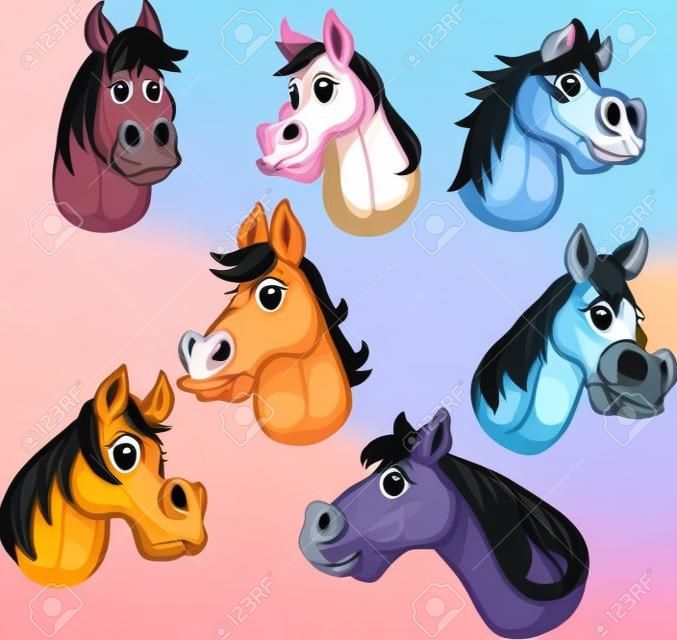 Têtes de cheval mâles et femelles de dessin animé avec des expressions différentes. Illustration vectorielle clip art avec des dégradés simples. Chacun sur un calque séparé.