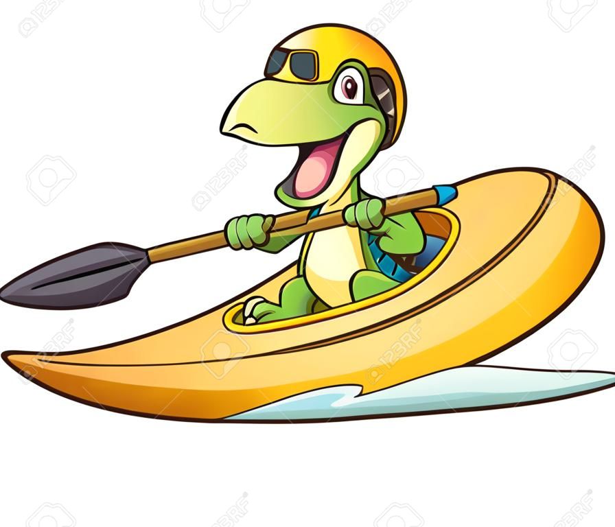 Happy cartoon iguana riding a kayak. Vector clip art illustration with simple gradients. All in a single layer.

