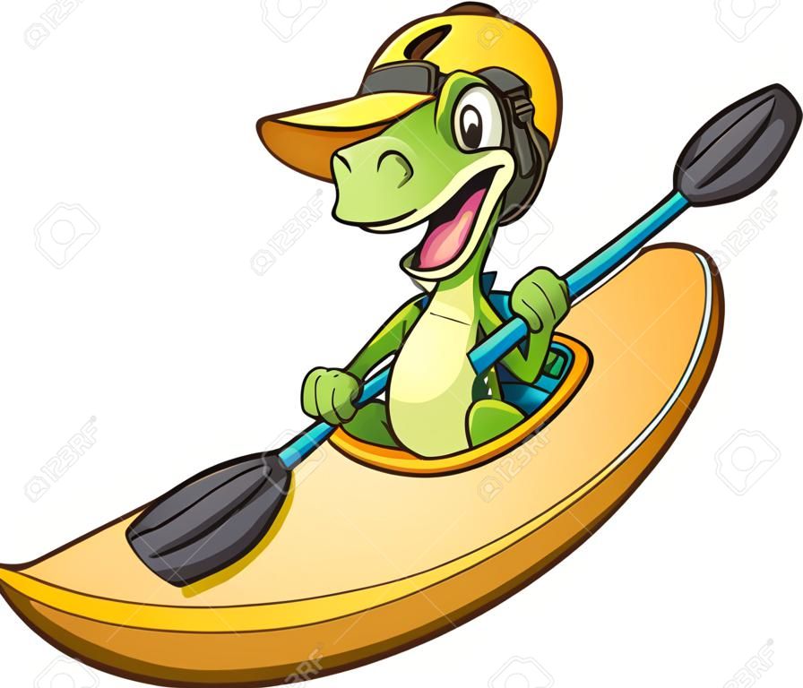 Happy cartoon iguana riding a kayak. Vector clip art illustration with simple gradients. All in a single layer.


