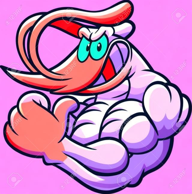 Starkes Cartoon-Garnelen-Maskottchen, das seinen Arm beugt. Vektor-ClipArt-Illustration mit einfachen Farbverläufen. Alles auf einer einzigen Schicht.