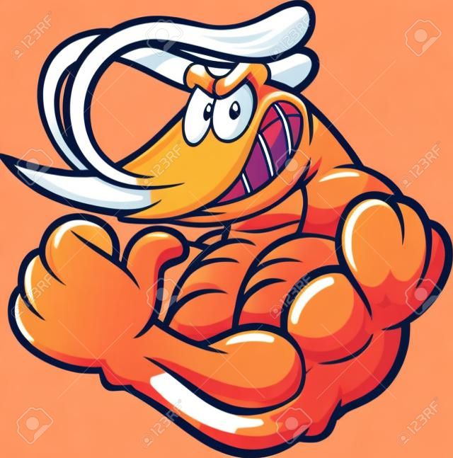 Mascote de camarão de desenho animado forte flexionando seu braço. Ilustração vetorial clip art com gradientes simples. Tudo em uma única camada.