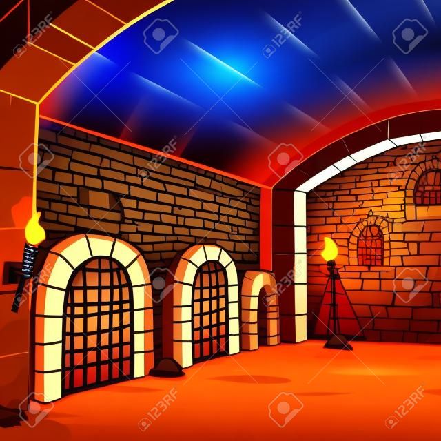 Cartoon medieval dungeon background. Vector clip art illustration with simple gradients. background and torch fire on separate layers.