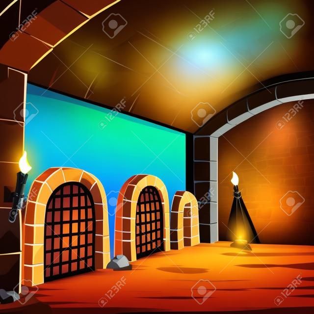 Cartoon medieval dungeon background. Vector clip art illustration with simple gradients. background and torch fire on separate layers.