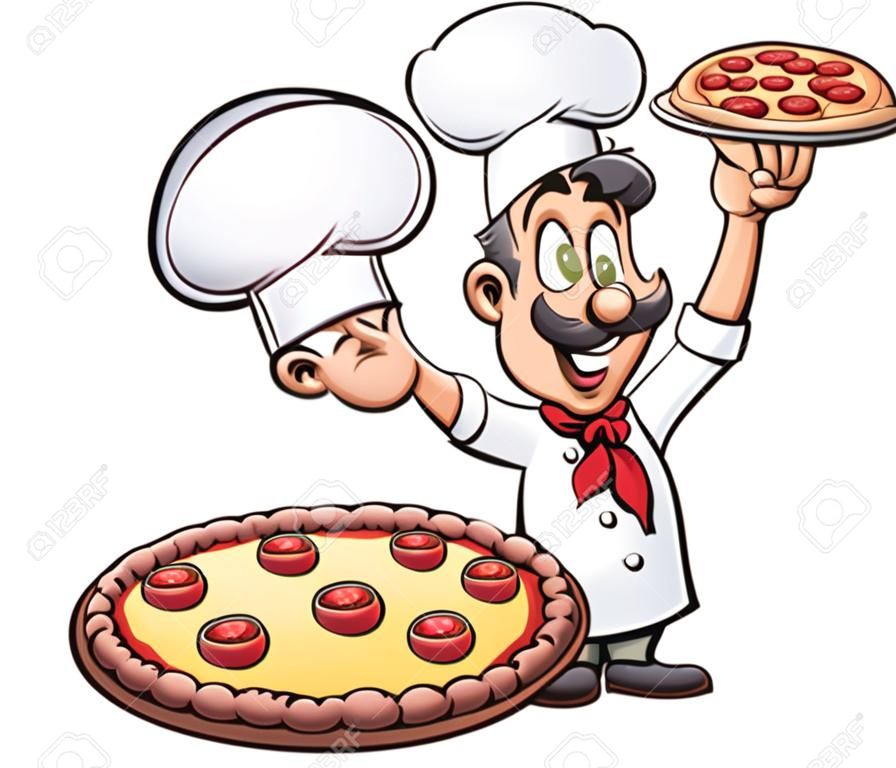 Chef holding a big pepperoni pizza cartoon. Vector clip art illustration. All on a single layer.