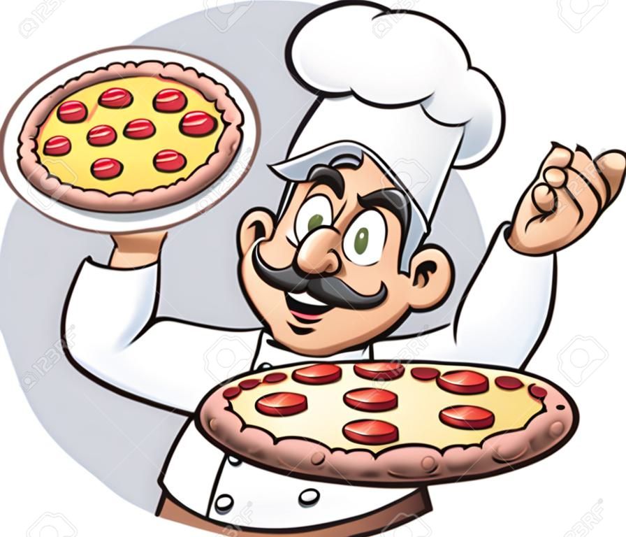 Chef holding a big pepperoni pizza cartoon. Vector clip art illustration. All on a single layer.