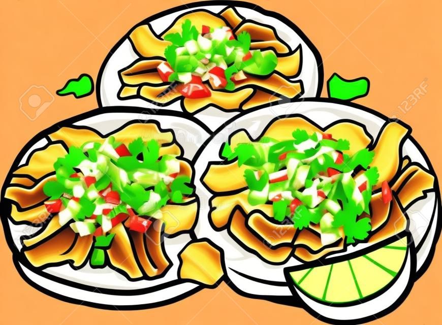 Meksykańskie tacos al pastor z kreskówek z cebulą i kolendrą. wektor clipart ilustracji z prostymi gradientami. wszystko na jednej warstwie.