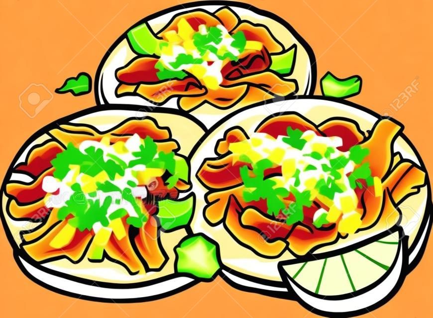 Meksykańskie tacos al pastor z kreskówek z cebulą i kolendrą. wektor clipart ilustracji z prostymi gradientami. wszystko na jednej warstwie.