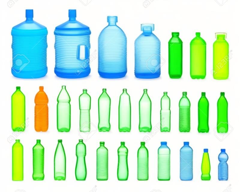 isolated plastic bottles set of different capacity on white background