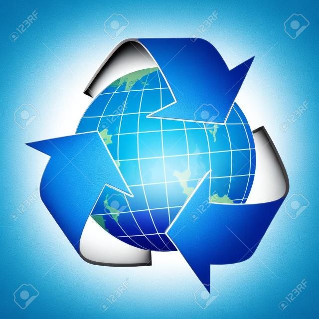 Weltkugel mit Recycle Symbol um auf weißem Hintergrund