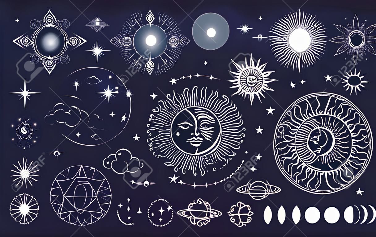 Conjunto de elementos mágicos esotéricos místicos celestiales sol luna y nubes Diferentes etapas de la luna, signos del zodiaco. Plantilla de objeto de tatuaje de alquimia. Vector