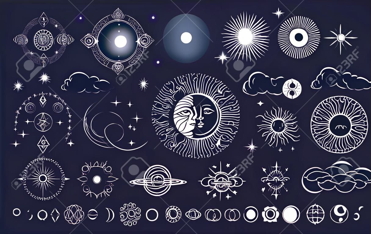 천계의 신비로운 난해한 마법 요소인 태양 달과 구름은 달의 다른 단계, 조디악 표지판입니다. 연금술 문신 개체 템플릿입니다. 벡터