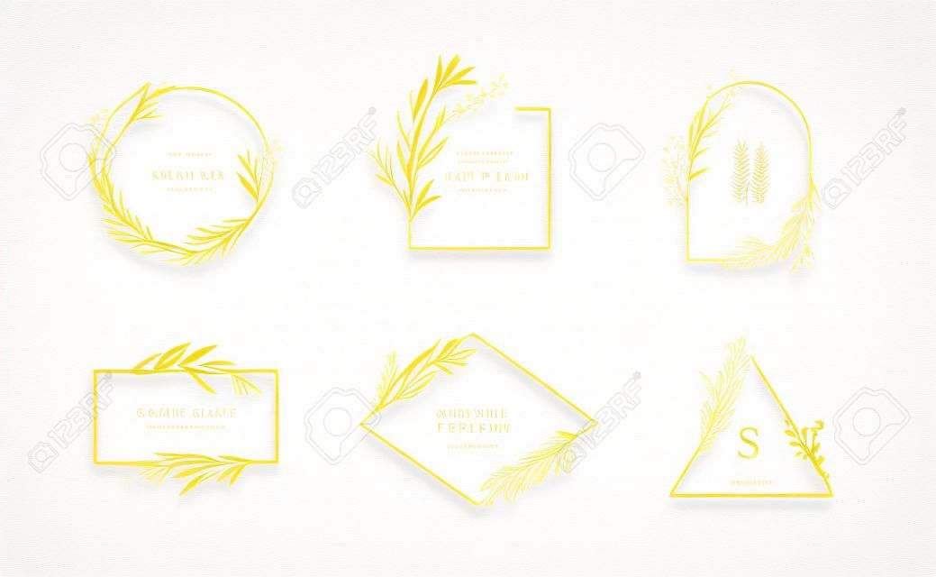 Set di cornice o logo floreale botanico femminile minimale dorato. erba nuziale disegnata a mano, pianta domestica con foglie eleganti. illustrazione di vettore di verde alla moda rustico botanico
