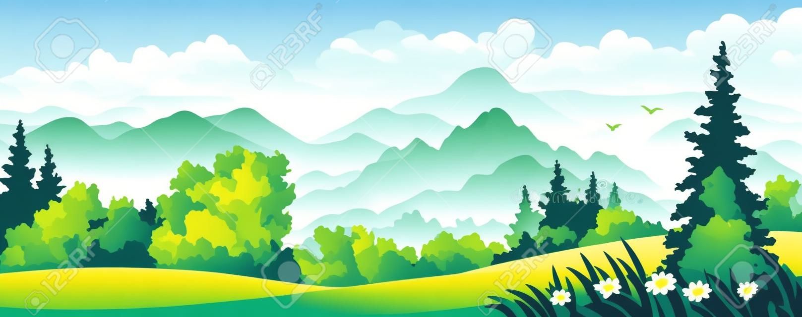 Ilustración vectorial de un hermoso bosque en las montañas