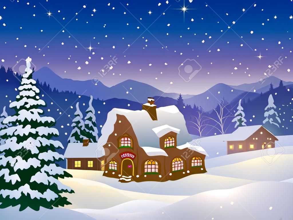 Vektoros illusztráció egy havas téli éjszakán falu hegyi erdőben