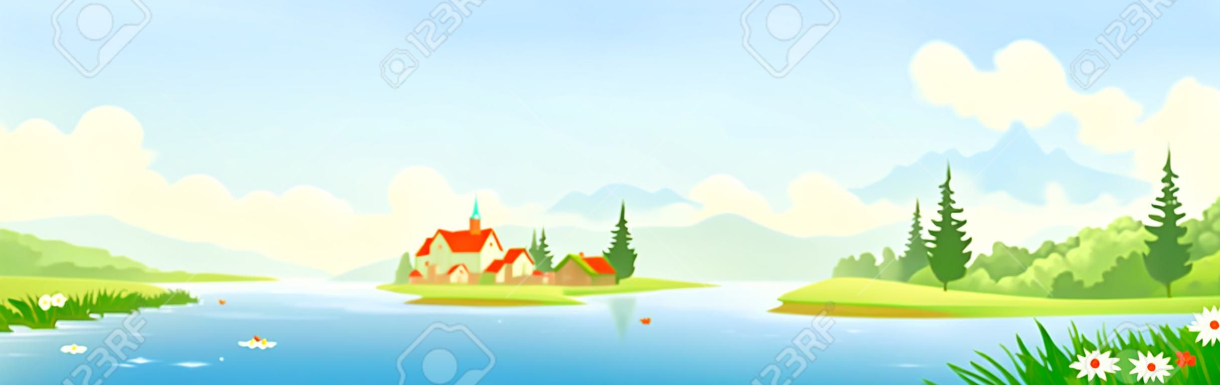 Vector illustratie van een prachtige rivier panoramisch landschap
