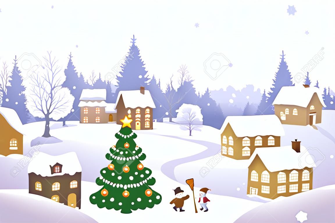 Ilustração vetorial de uma cena de Natal em uma pequena cidade nevada com crianças brincando