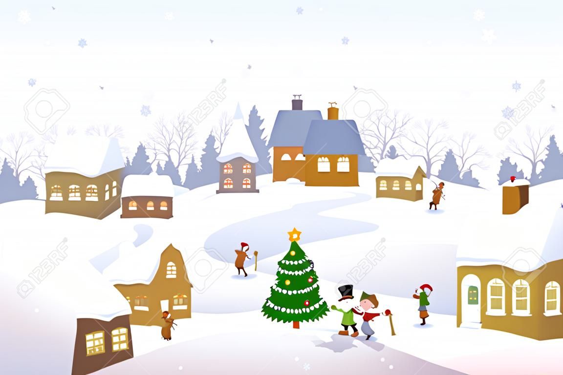 Vector illustratie van een kerst scene in een klein besneeuwd stadje met spelende kinderen