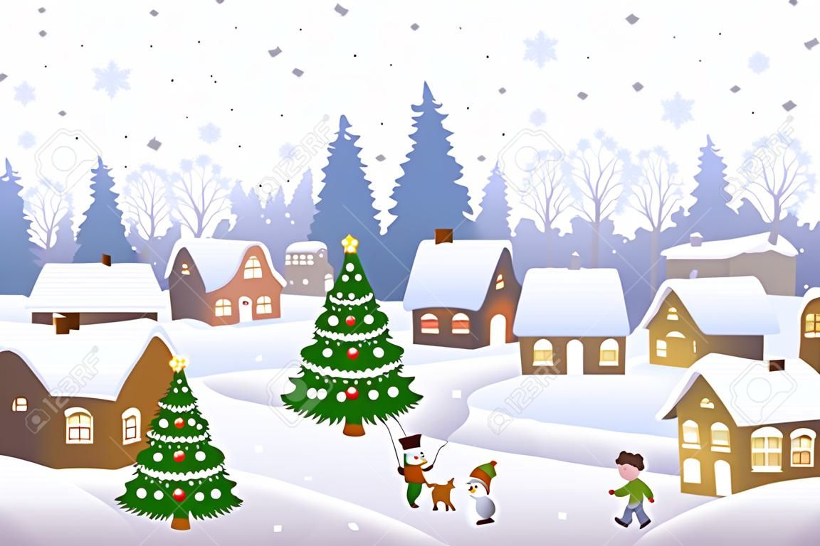 Ilustração vetorial de uma cena de Natal em uma pequena cidade nevada com crianças brincando