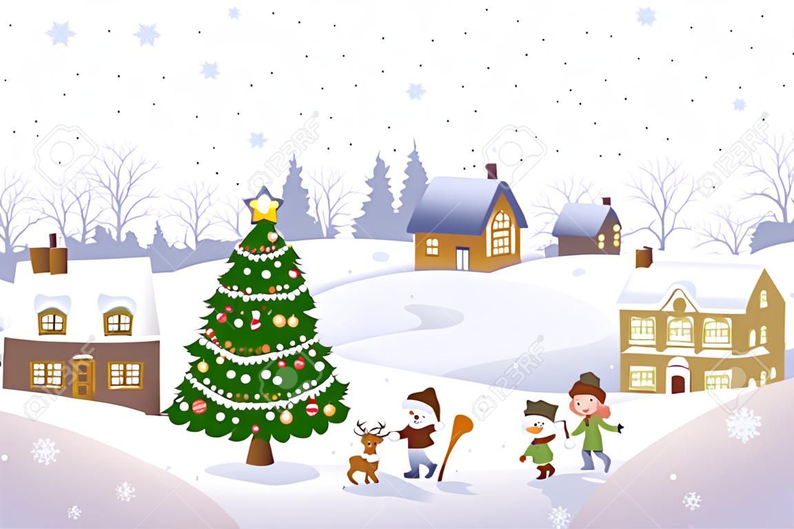 Векторная иллюстрация рождественской сцене в небольшом снежном городе с детьми, играющих