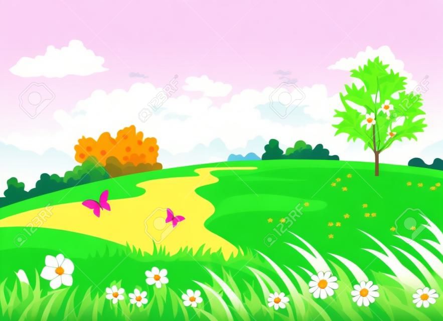 Векторные иллюстрации мультфильм прекрасный весенний холм с цветущими цветами и деревьями