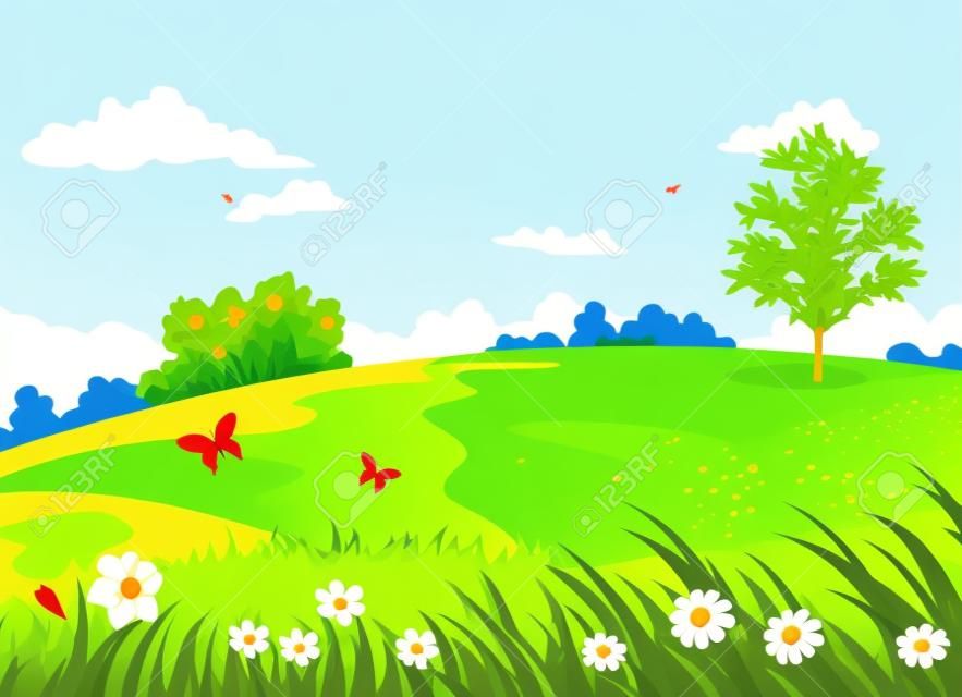 Векторные иллюстрации мультфильм прекрасный весенний холм с цветущими цветами и деревьями