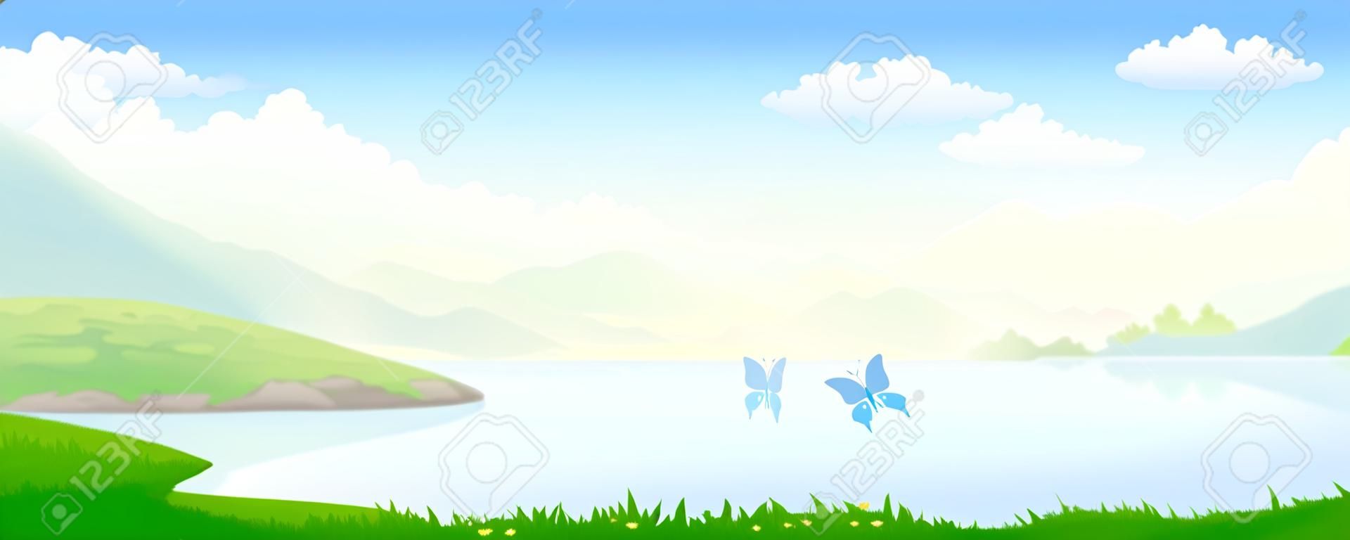 Vector illustration of a river landscape panorama