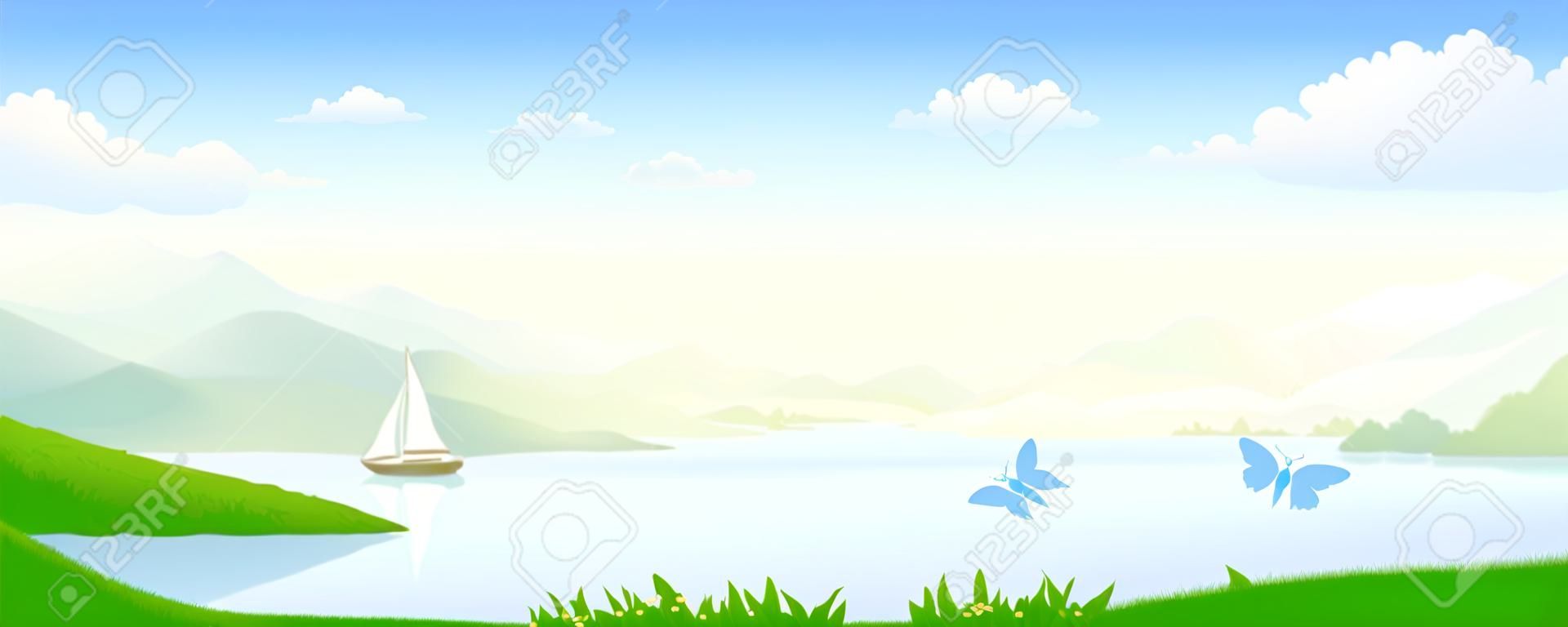 Vector illustration of a river landscape panorama