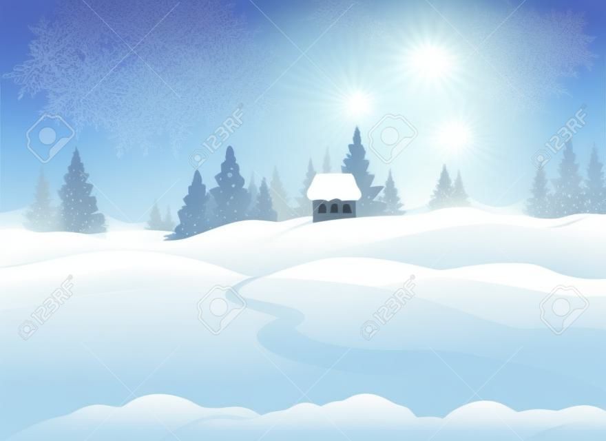 Ilustração vetorial de uma bela paisagem de inverno, fundo de dia de neve