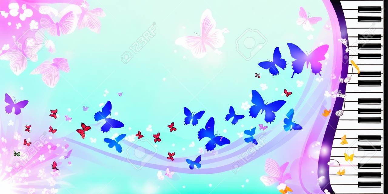 Tavaszi háttérben pillangók és zongora billentyűk