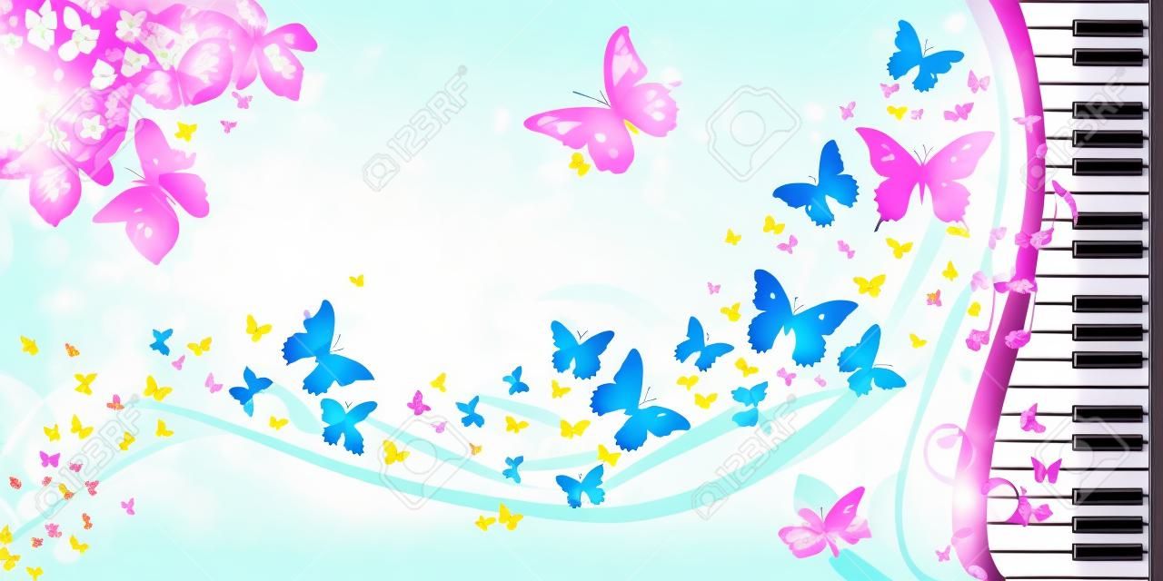 Tavaszi háttérben pillangók és zongora billentyűk