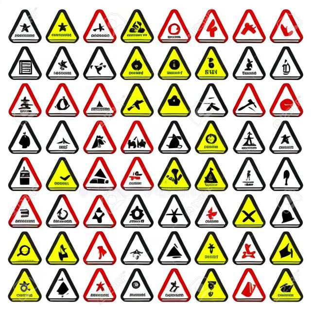 Warning Hazard Triangle Signs Set. Vector illustration. Yellow symbols isolated on white.