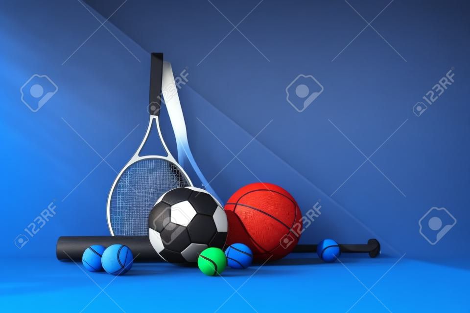 Various Sports balls and equipment on a blue background. 3d rendering