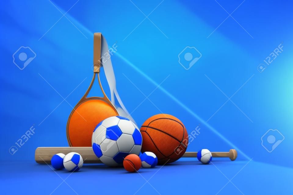 Various Sports balls and equipment on a blue background. 3d rendering