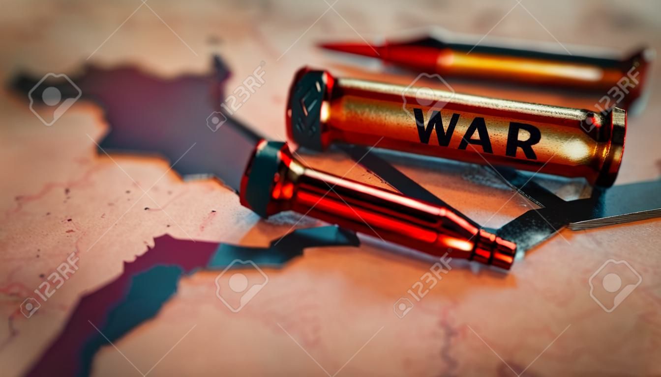 Concept of war with bullets on map of Middle East, 3d rendering