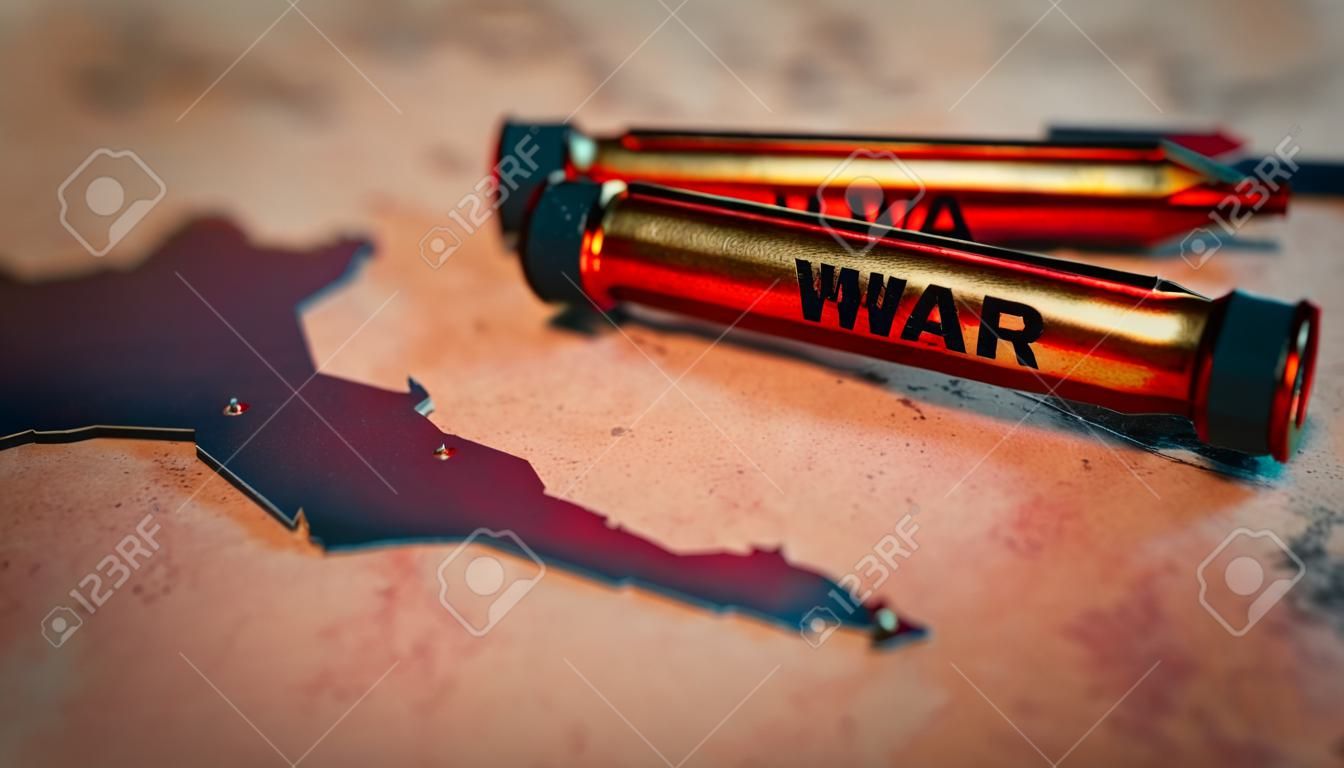 Concept of war with bullets on map of Middle East, 3d rendering
