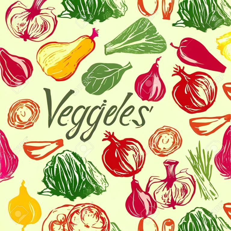 Hand drawn colorfull illustration vegetables on green background