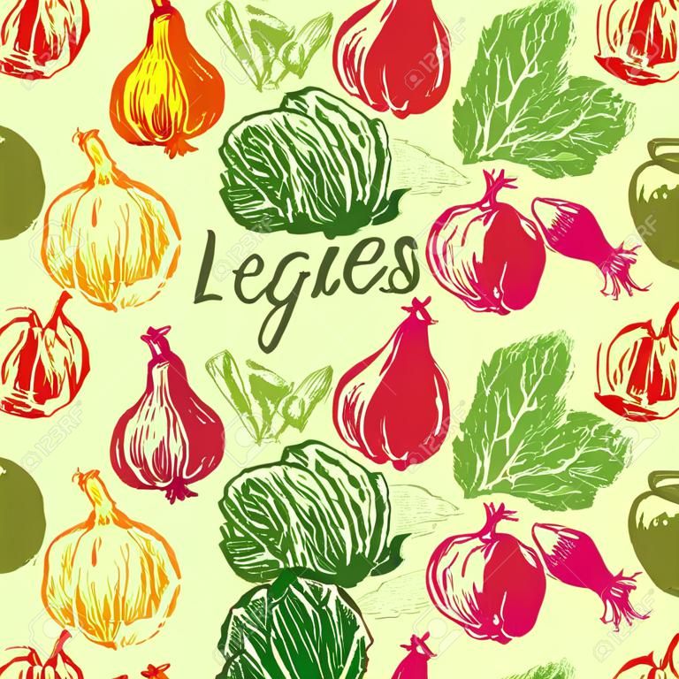 Hand drawn colorfull illustration vegetables on green background