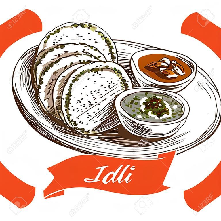 Idli colorful illustration. Vector illustration of Indian cuisine.