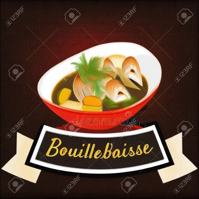 Bouillabaisse illustration colorée. Vector illustration de la cuisine française.
