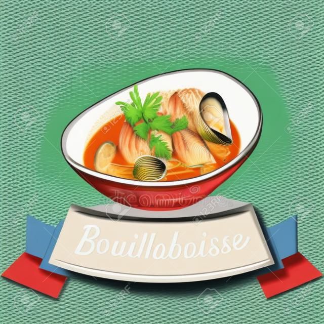 法式海鲜汤色彩丰富的插画。法国烹调的传染媒介例证。