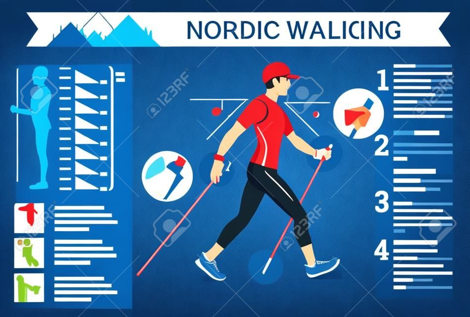 Vector illustrated infographics set with Nordic Walking data. The flat illustration of sport activities for health lifestyle.