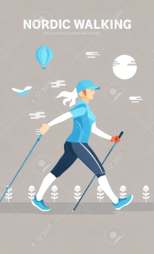 Affiche d'illustration vectorielle avec la marche nordique. L'illustration plate de la femme de randonnée sportive.